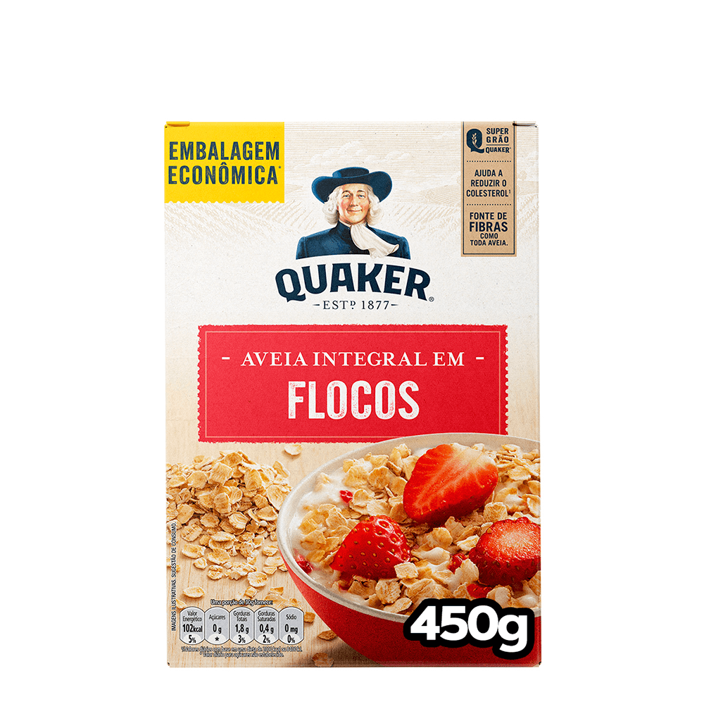 Aveia Em Flocos Regulares Quaker Caixa 450g Embalagem Econômica
