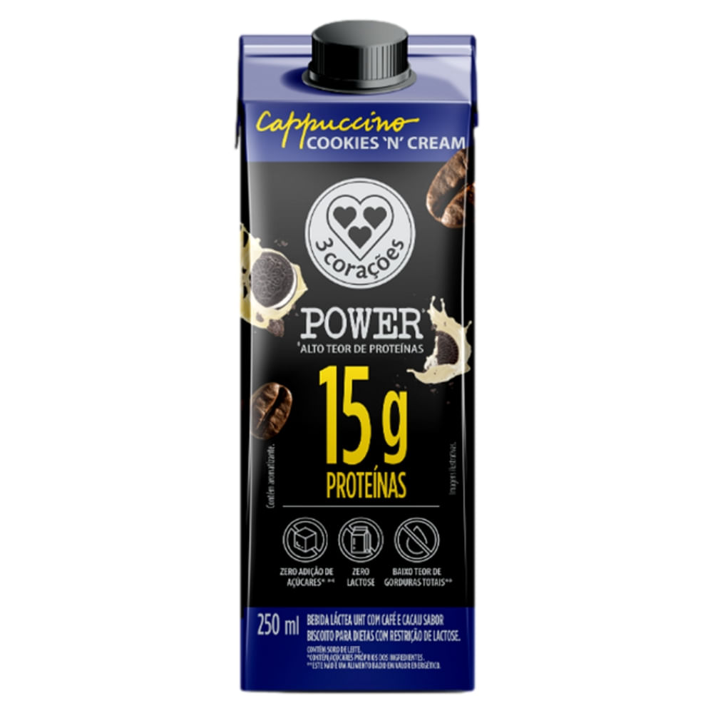 Bebida Láctea 15g Cappuccino Cookies'N Cream 3 Corações Power 250ml