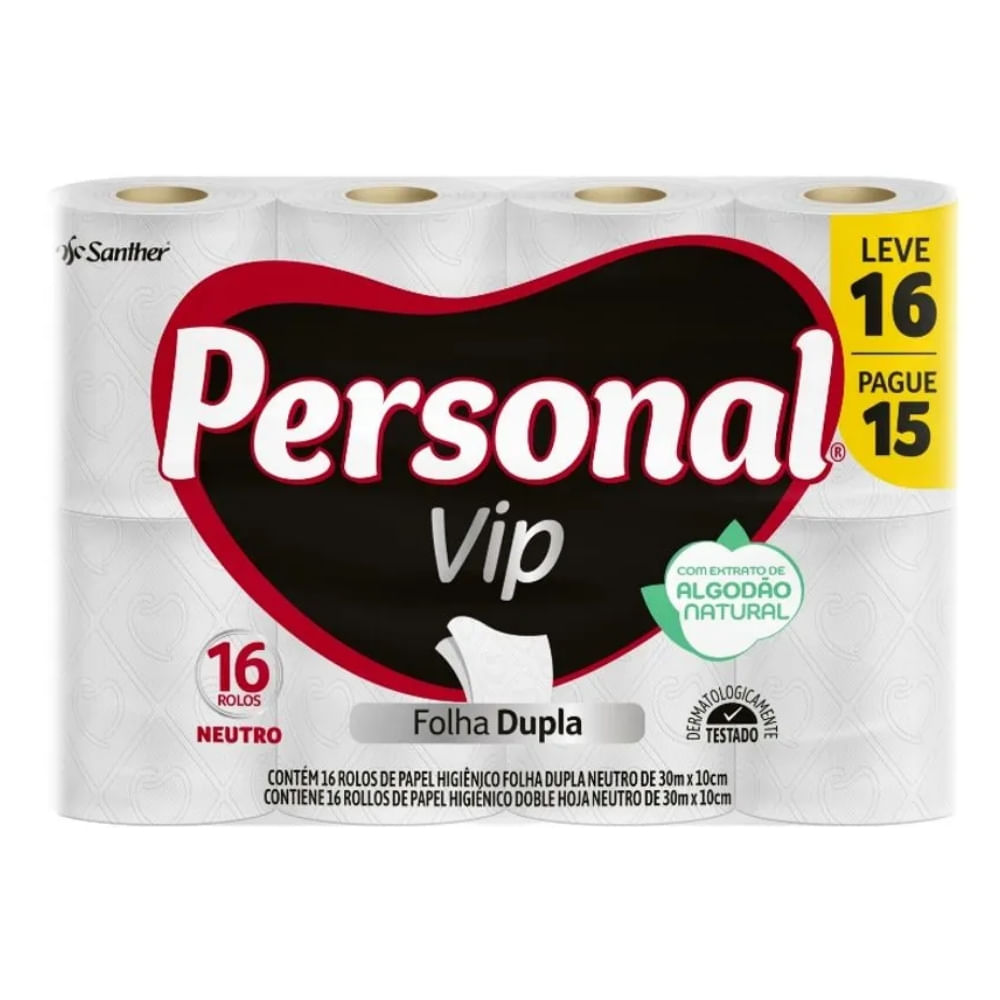 Papel Higiênico Personal Vip Folha Dupla Leve 16 Pague 15 Unidades 30 Metros