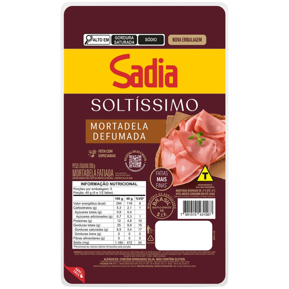 Mortadela Fatiada Defumada Sadia Soltíssimo 200g